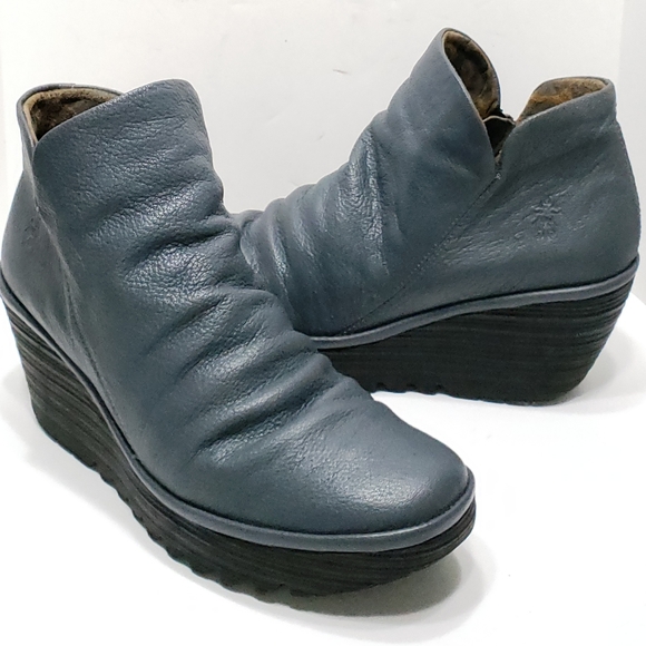 Fly London Shoes - Fly London Yip Smoky Blue Wedge Bootie